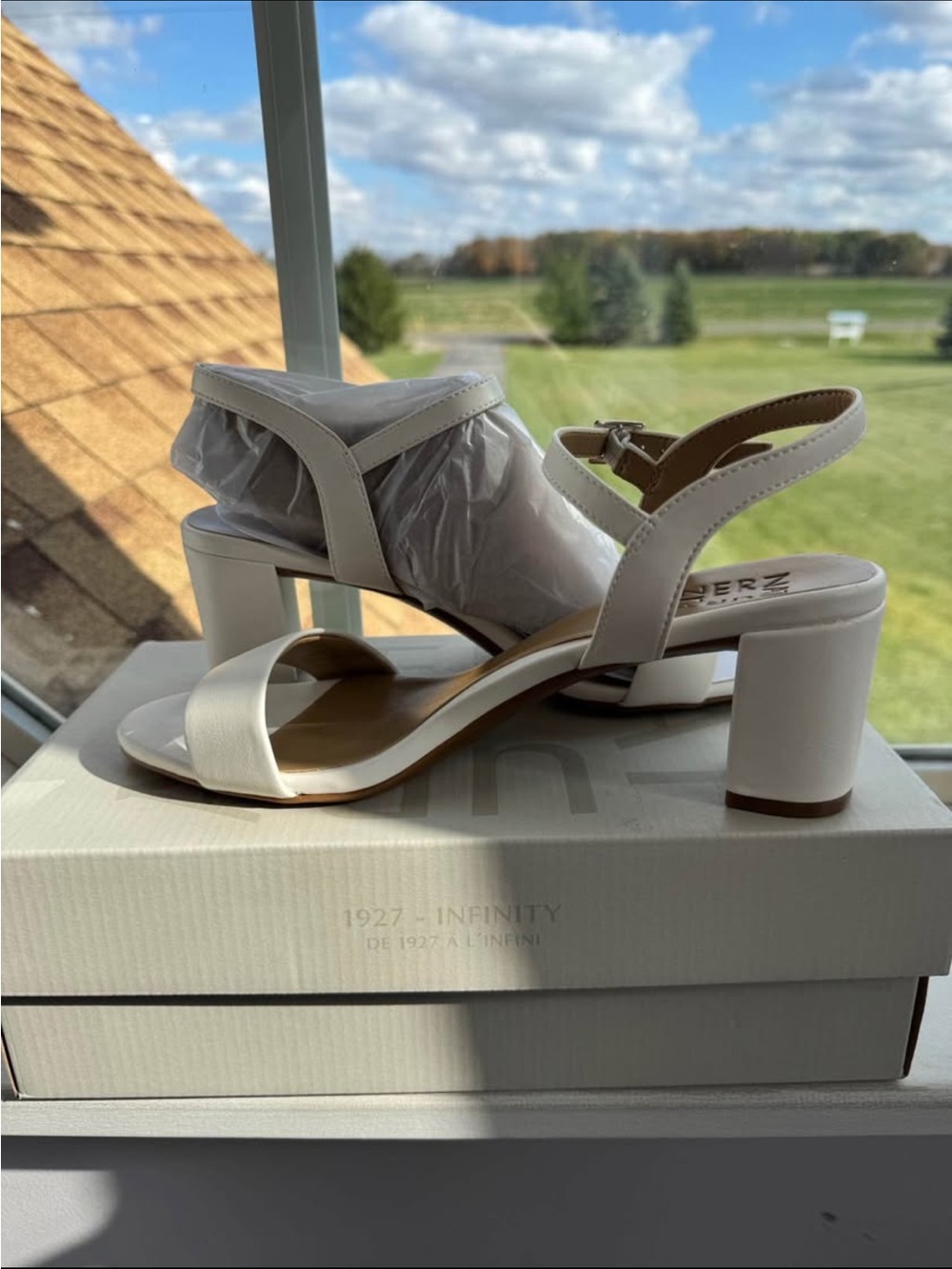 White Block Heel Sandals with Ankle Strap